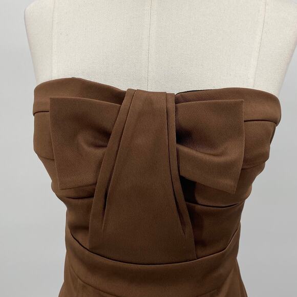Vintage Y2k BCBG Mini Dress Strapless Bow Bodice Bodycon Twill Brown Womens 0 - Picture 3 of 7